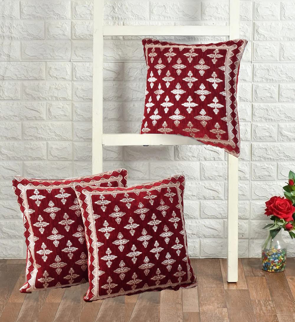 DECOMIZER Jacquard Geomteric Cushion Covers 16 Inch X 16 Inch Set Of 3 Ethnic Motifs 240 TC Cushion Covers,Design- Plus,Color- Maroon