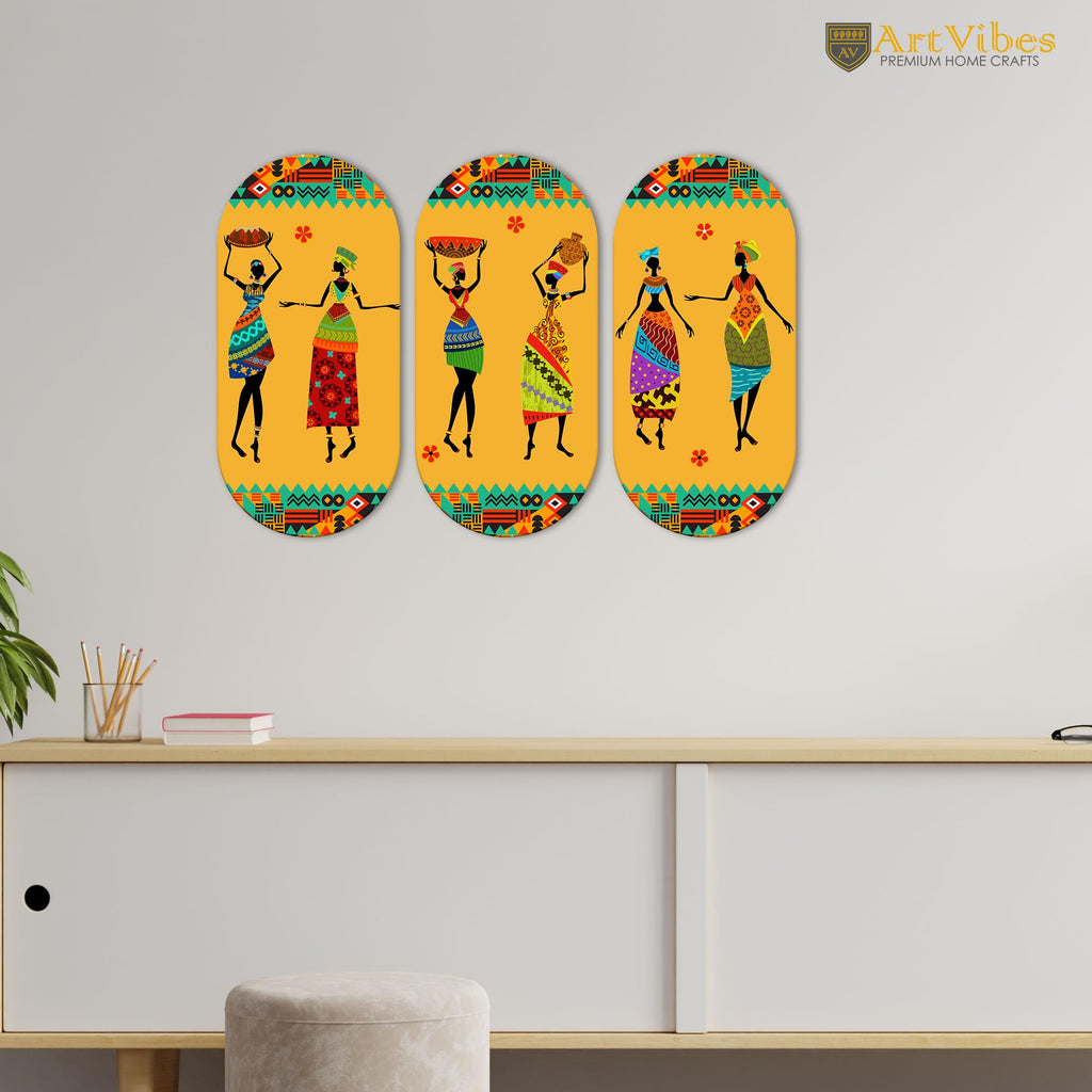 Artvibes African Warli Art Decorative MDF Wooden Wall Art for Home | Living Room | Office | Wall Art Painting For Hall | Graphic Artwork | Aesthetic Wooden Decor | Ideal Gifts (WH_9018N), Set of 3