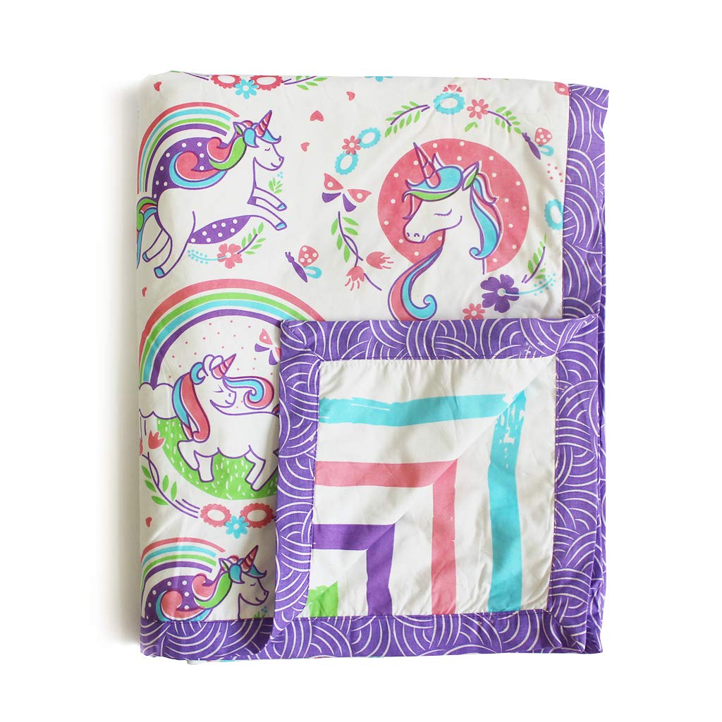 Silverlinen Unicorn & Rainbows 100% Cotton 3 Layer Reversible Single Baby Blanket Dohar for Infants 0 to 2 Years - Multicolour (Size: 40 x 30 Inches) Kafalo