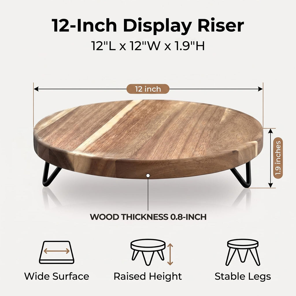 WILDMOS Decorative Round Wood Riser For Display,Pedestal Tray For Home Or Kitchen And Bathroom Countertop Organizer,Farmhouse Kitchen Counter Decor Tray. (12-Inch), Brown