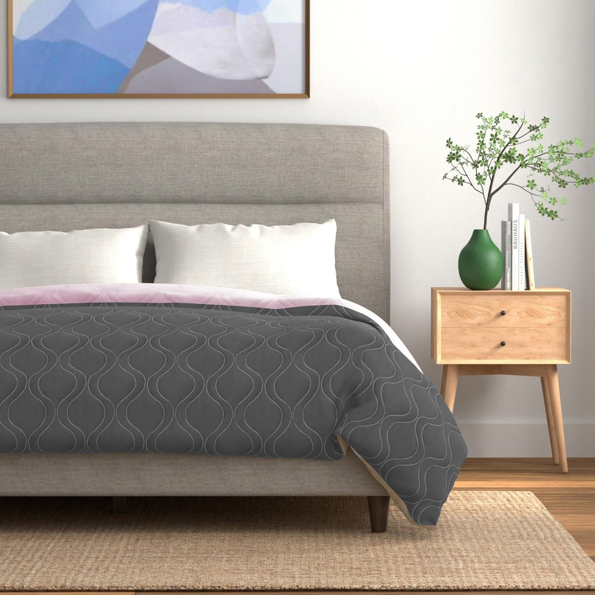 Urban Space Microfibre Reversible All Season Single Bed Blanket for Summer, 3 Layer Solid Quilted Dohar, Reversible Single Bed Dohar/Blanket/Quilt (Grey & Rose, 225 x 145 CM) Kafalo