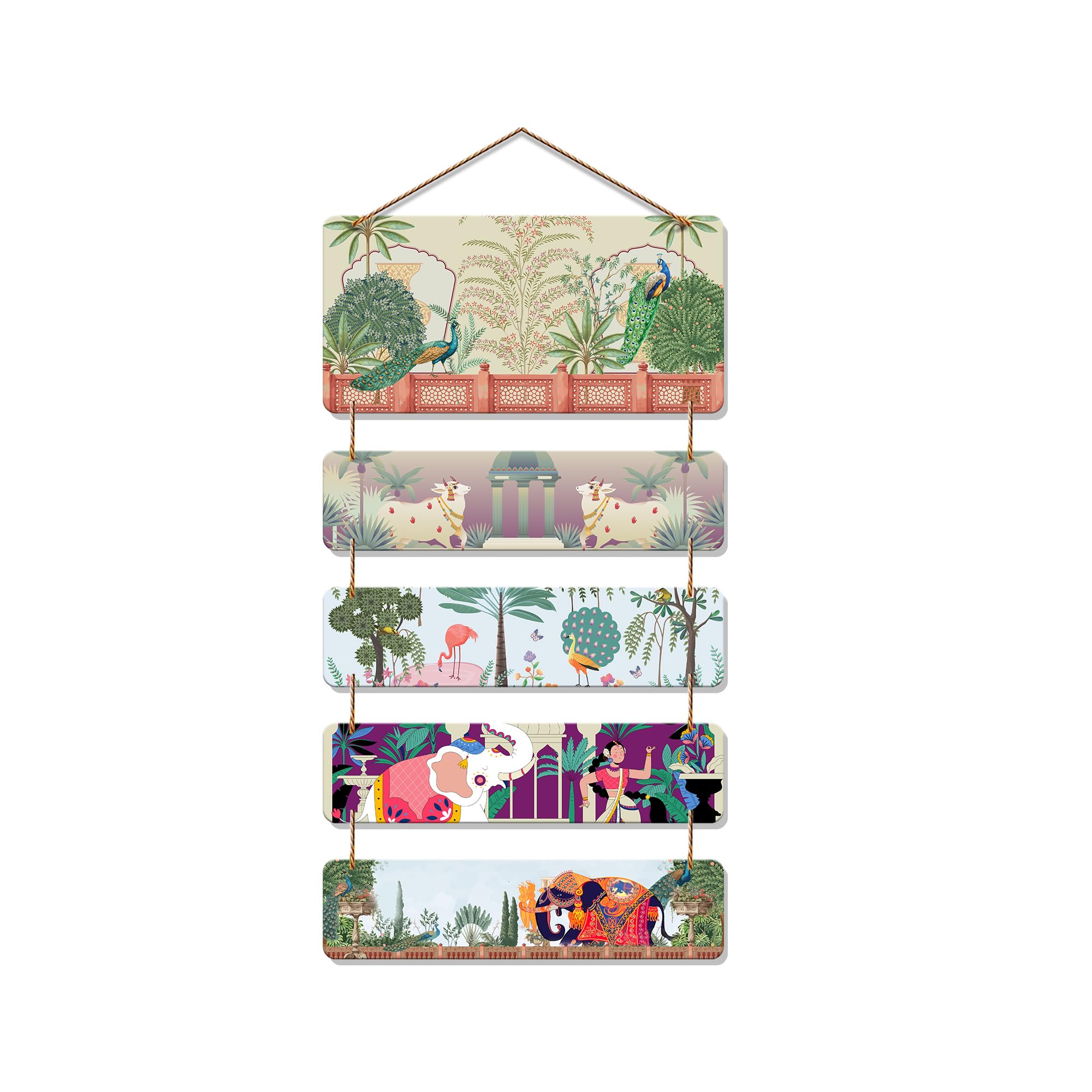 Artvibes Dancing Woman Elephant & Peacock Royal Folk Art Wooden Wall Hanger for Home Decor | Handcrafted Art | Festive Decor | Aesthetic Wooden Decor | Paintings For Wall | Ideal Gifts (WH_6727N)