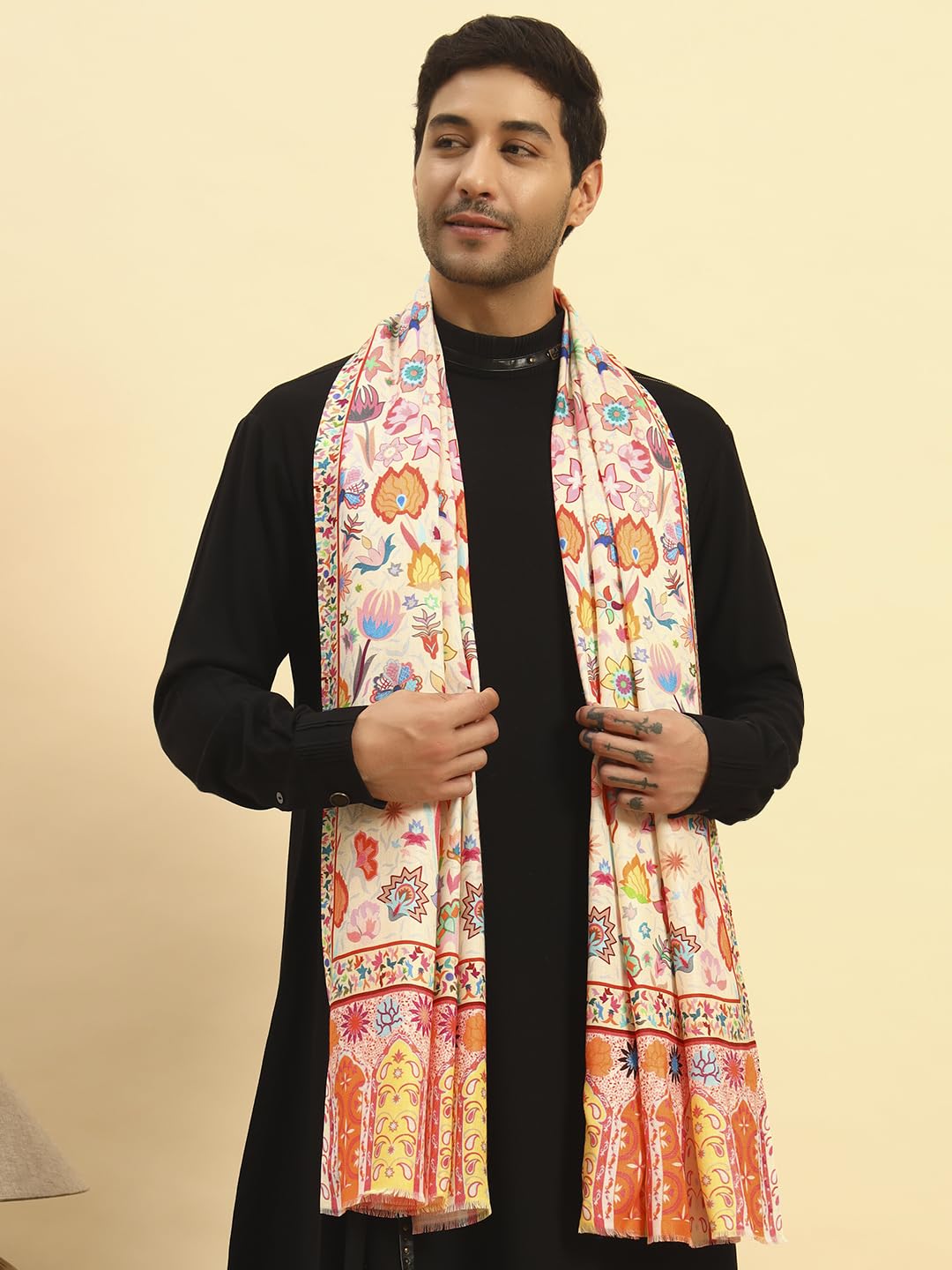 Pashmoda Men Royal Embers Fine Soft Bamboo Fibre Stole, Multicoloured Design, Evening Wrap, Luxury Pashmina Style Scarf, Wrap, Sustainable and Natural Fabric (Size 28x80, Cream colour) MISST33