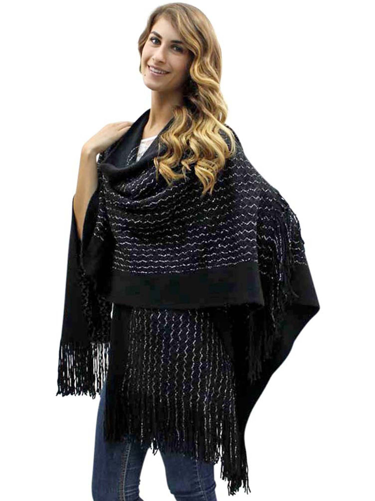 Black Metallic Knit Shawl Wrap