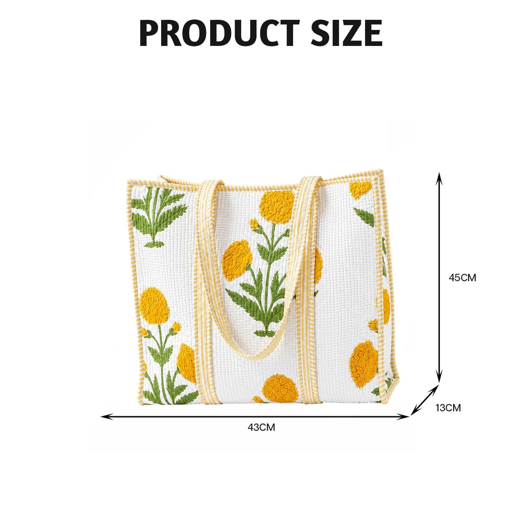 MOMISY Handmade Quilted Cotton Tote Bag for Women Reusable Shopping & Travel Bag Floral Block Print Shoulder Handbag Lightweight Daily Carry Bag (Marigold)