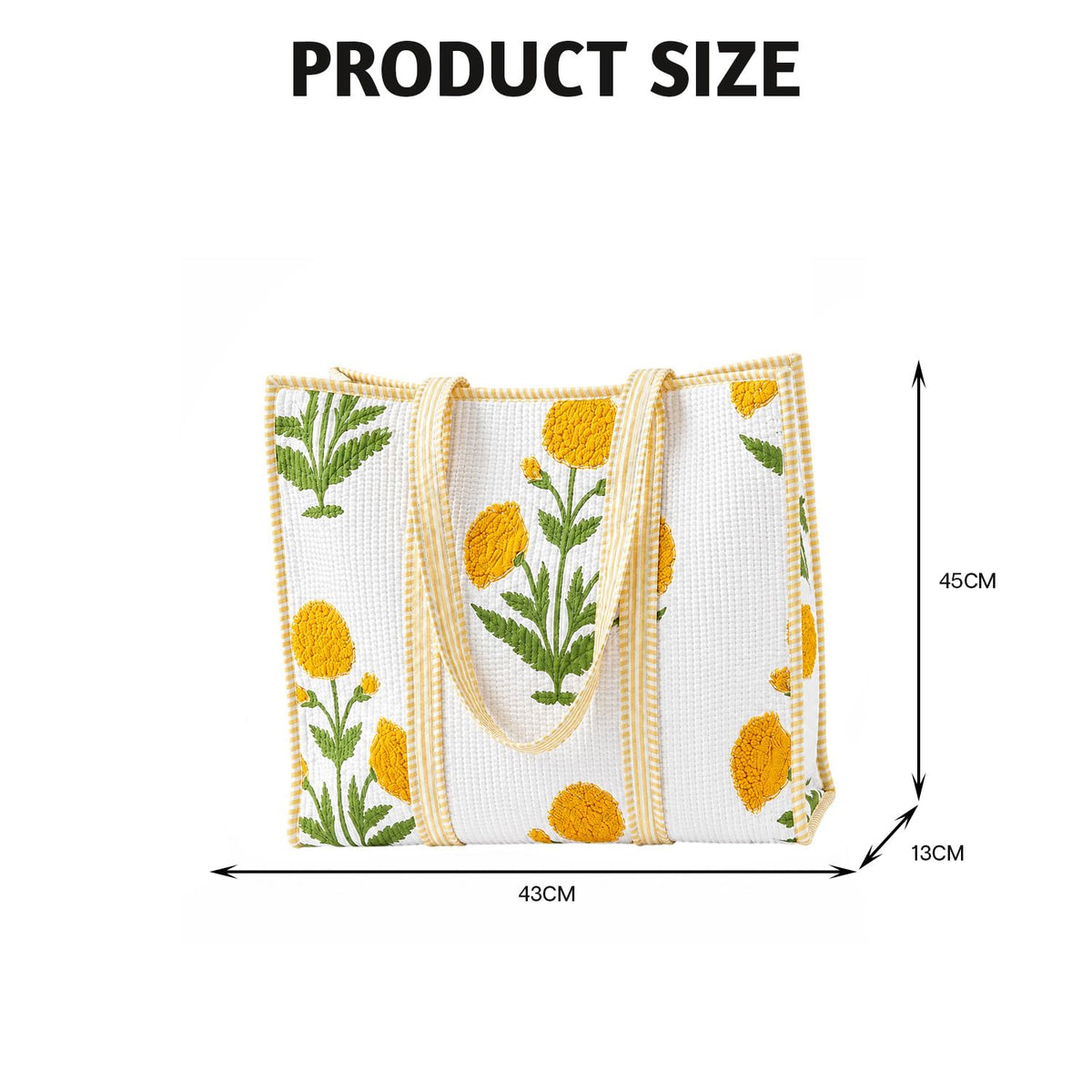 MOMISY Handmade Quilted Cotton Tote Bag for Women Reusable Shopping & Travel Bag Floral Block Print Shoulder Handbag Lightweight Daily Carry Bag (Marigold)