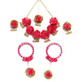 ZENEME Handmade Gold & Red Floral Jewellery Set for Women & Girls | Handcrafted Flower with Pearls Necklace Set with Earrings, Maang Tikka & Pair of Hathphool | Mehendi, Haldi, Wedding & Bridal Jewallery