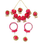 ZENEME Handmade Gold & Red Floral Jewellery Set for Women & Girls | Handcrafted Flower with Pearls Necklace Set with Earrings, Maang Tikka & Pair of Hathphool | Mehendi, Haldi, Wedding & Bridal Jewallery