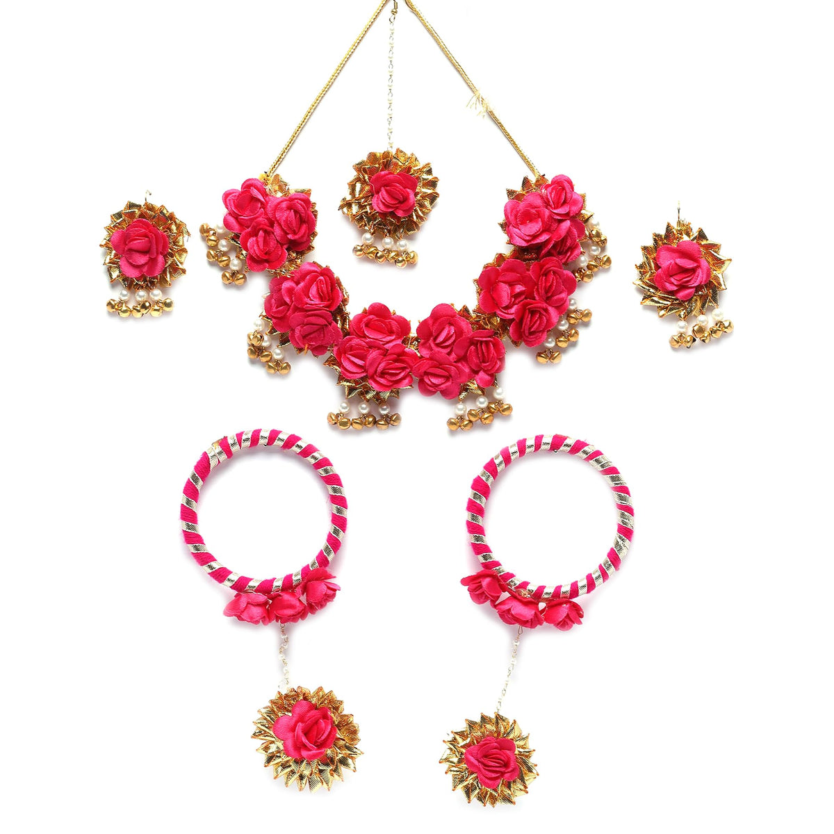 ZENEME Handmade Gold & Red Floral Jewellery Set for Women & Girls | Handcrafted Flower with Pearls Necklace Set with Earrings, Maang Tikka & Pair of Hathphool | Mehendi, Haldi, Wedding & Bridal Jewallery