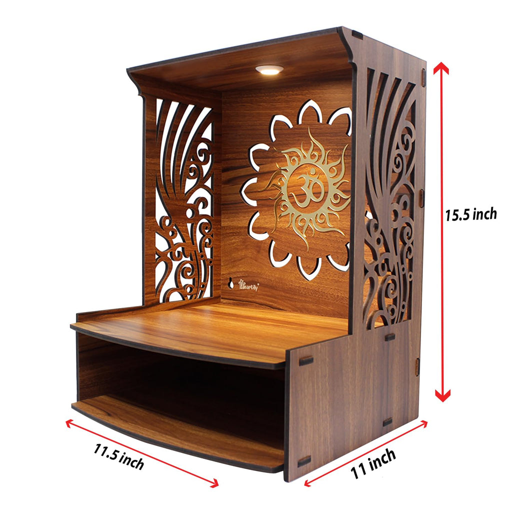 Heartily® Laabh Beautiful Wooden Pooja Stand for Home Temple and Office Puja Mandir - Wall Mounted with LED Spot Light - Size (H- 15.5, L- 11.5, W-11 in)