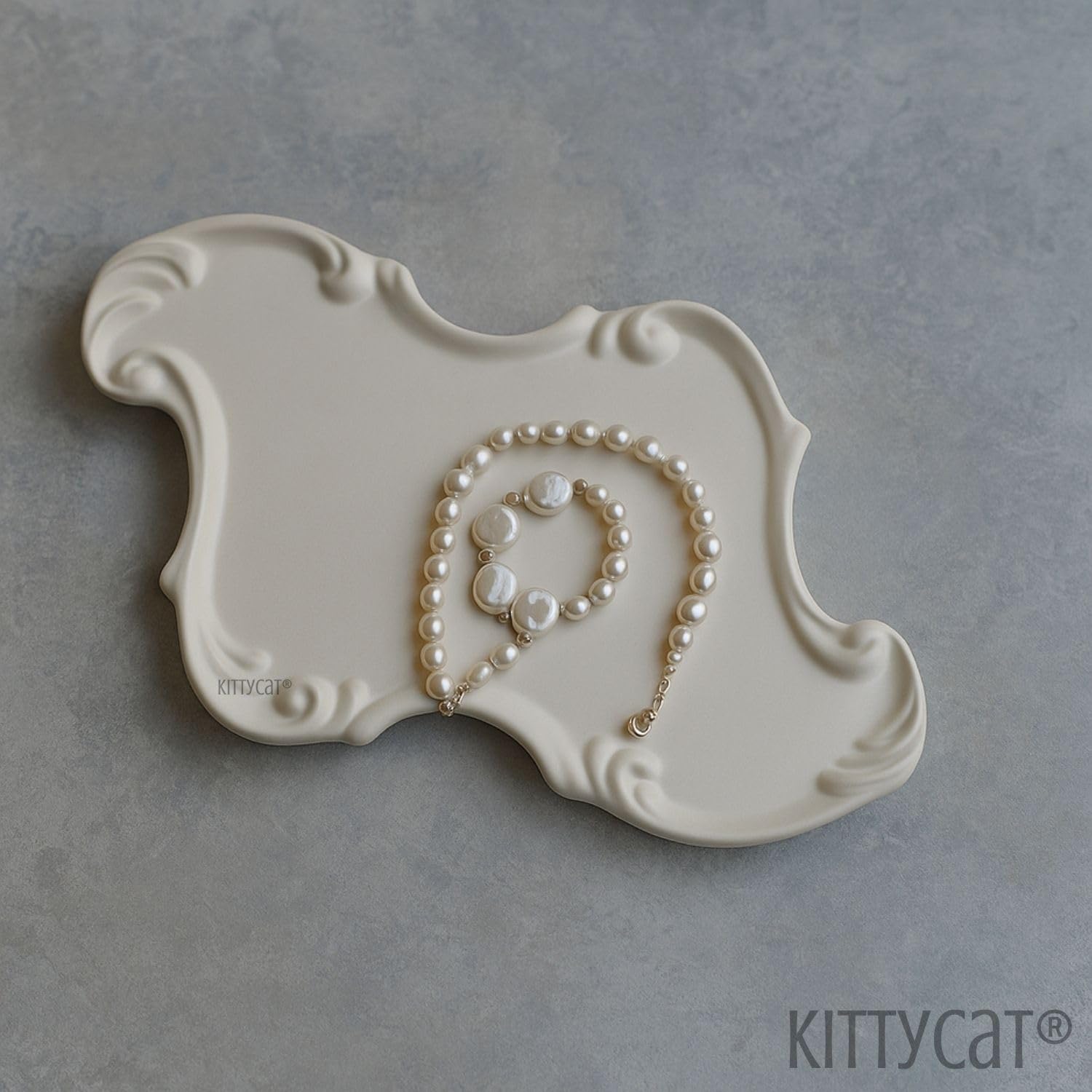 Kitty Cat® Aesthetic Baroque Concreate Trinket Tray for Jewelry & Candles – Vintage Decorative Vanity Tray for Rings, Keys, Perfume | Elegant Home Décor Accent for Bedroom, Bathroom & Hotel Styling