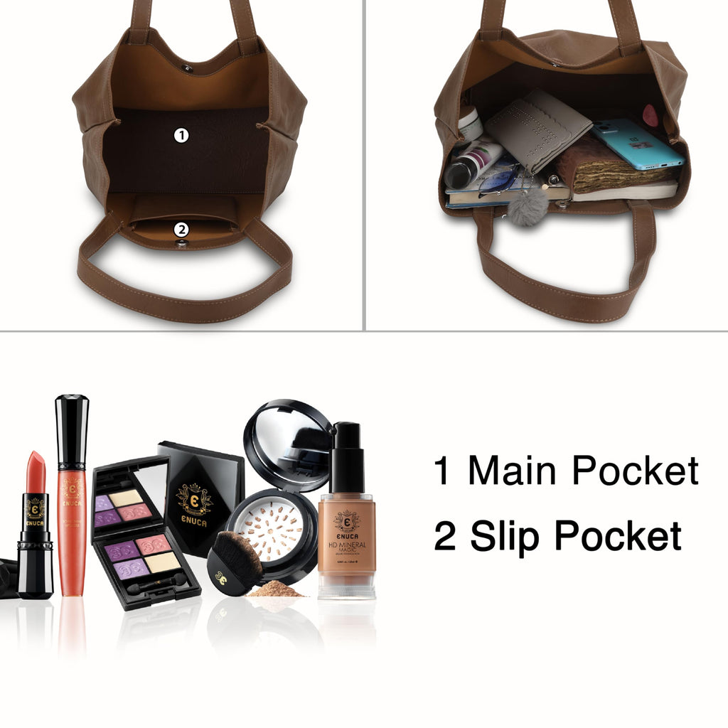 SIBY Women's Shoulder Tote Purse - PU Leather, Waterproof, Magnetic Lock Closure, Includes Small Purse - Brown