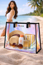 RIVAGI Beach Bag Transparent, Clear Tote Bag with Black Handles, Holographic Rainbow Design