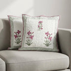 HOMEMONDE Quilted 16 X 16 Inches Soft Throw Cushion Cover - Pack Of 2 Jaipuri Hand Block Print Cotton Pillow Covers, Pink, 300 TC