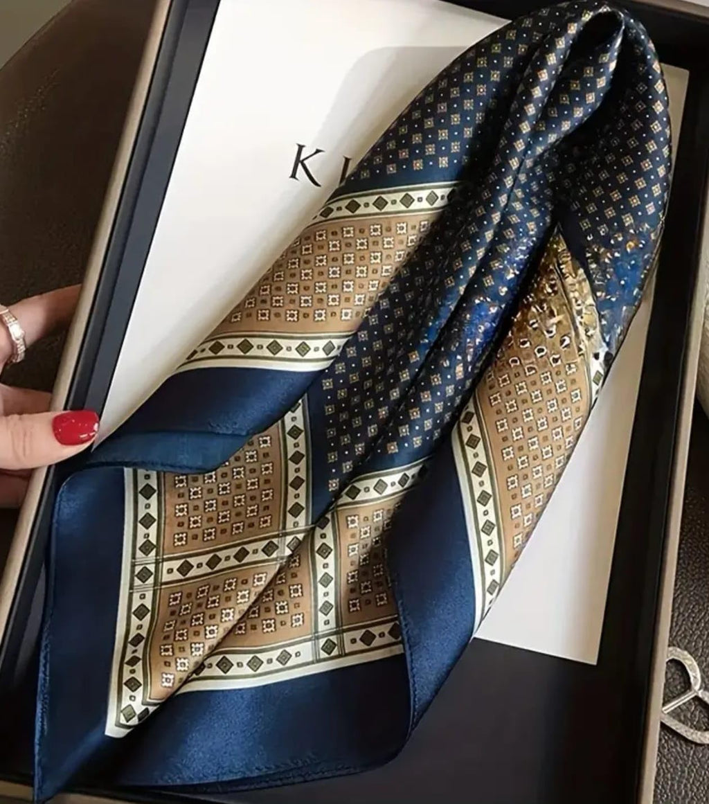 Silk Square Scarf, Navy Blue and Tan, Geometric Print, Luxury Neck Wrap