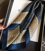 Silk Square Scarf, Navy Blue and Tan, Geometric Print, Luxury Neck Wrap