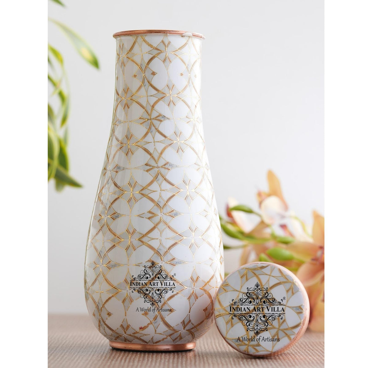 INDIAN ART VILLA Copper Gold Block Print Bedroom Bottle – Designer Drinkware, Stylish Copper Water Bottle for Home Use, Volume- 1500 ML