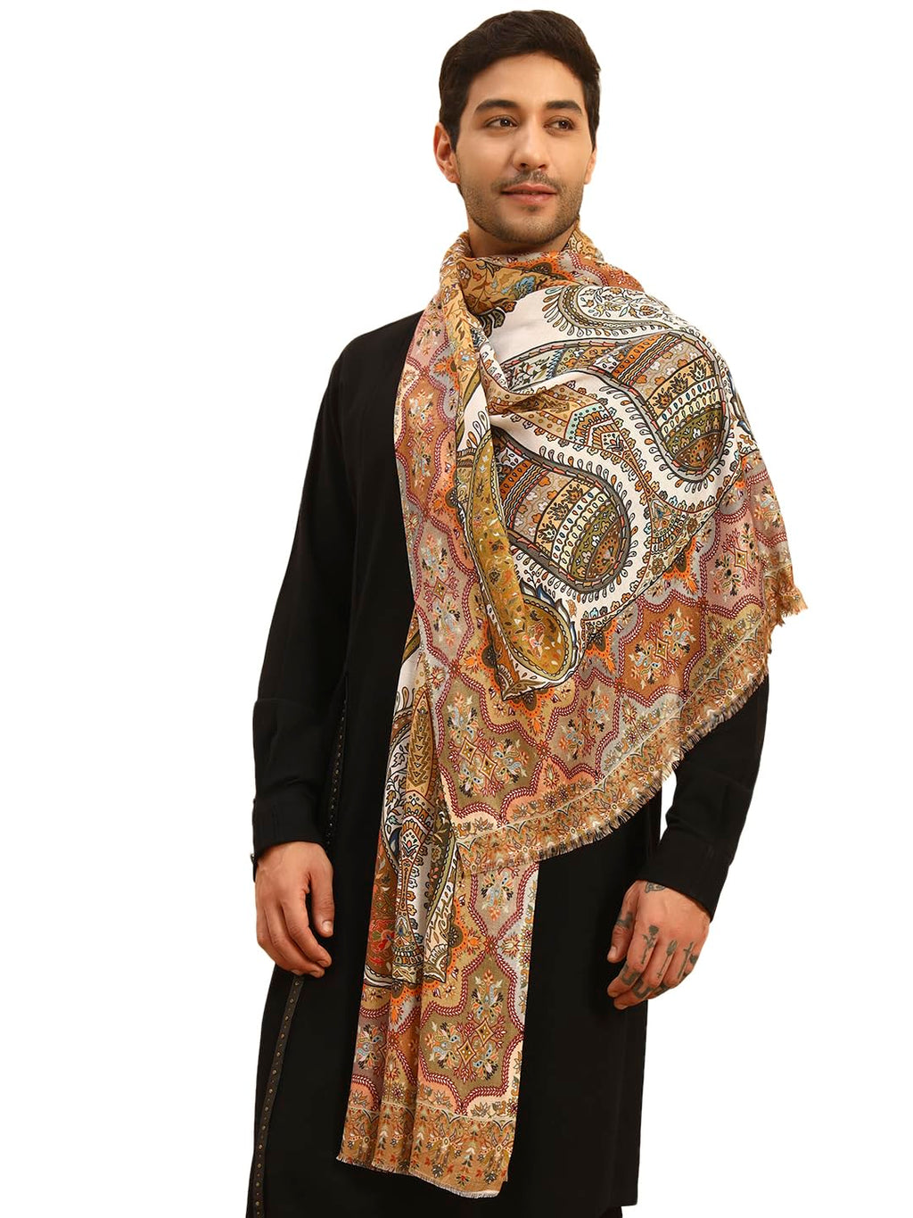 Pashmoda Men Royal Embers Fine Soft Bamboo Fibre Stole, Multicoloured Design, Evening Wrap, Luxury Pashmina Style Scarf, Wrap, Sustainable and Natural Fabric (Size 28x80, Mustard colour) MISST33