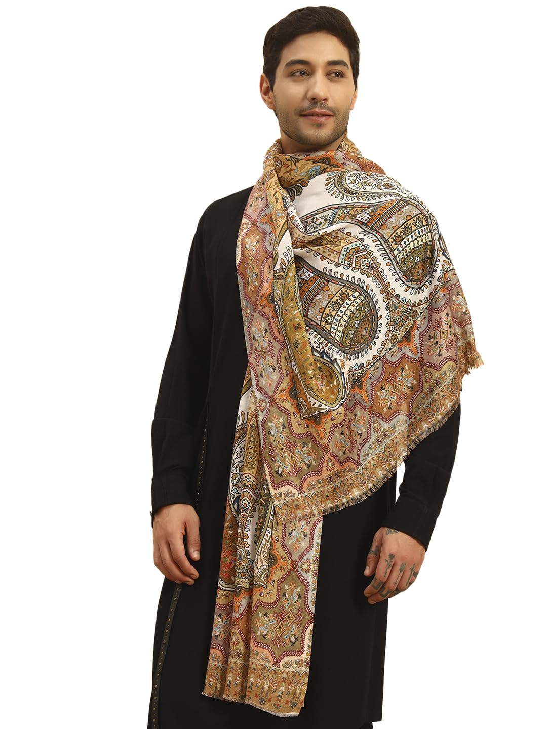 Pashmoda Men Royal Embers Fine Soft Bamboo Fibre Stole, Multicoloured Design, Evening Wrap, Luxury Pashmina Style Scarf, Wrap, Sustainable and Natural Fabric (Size 28x80, Mustard colour) MISST33