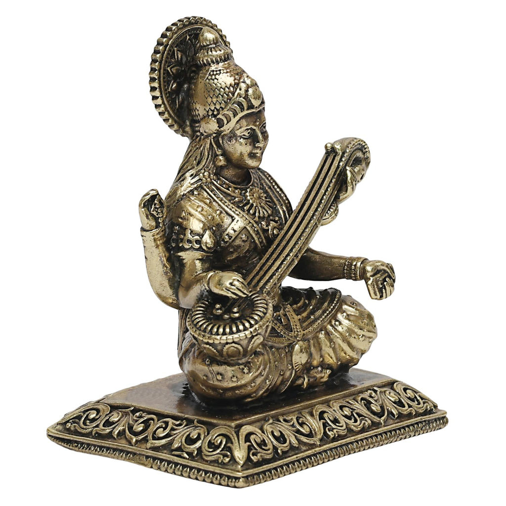 ARTVARKO Brass Superfine Sarasvati Goddess Maa Saraswati Education Study Vidya Devi Idol Puja Knowledge Music & Art Religious Murti 3 Inch