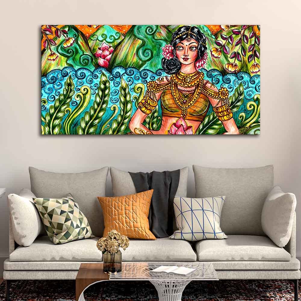 VIBECRAFTS Canvas Paintings for Living Room Drawing Room Traditional Women Canvas Wall Painting Fitted With Wooden Frame For Home | Office | Living Room | Gifts (PTVCH_2514)