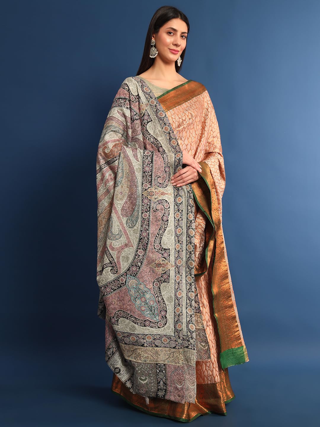 Pashmoda Women Safa Fine Wool Fabric Pashmina Kalamkari Embroidered Shawl, Stole and Wrap, Sustainable and Natural Fabric, Heritage Kashmiri Pashmina(Size 45x90)