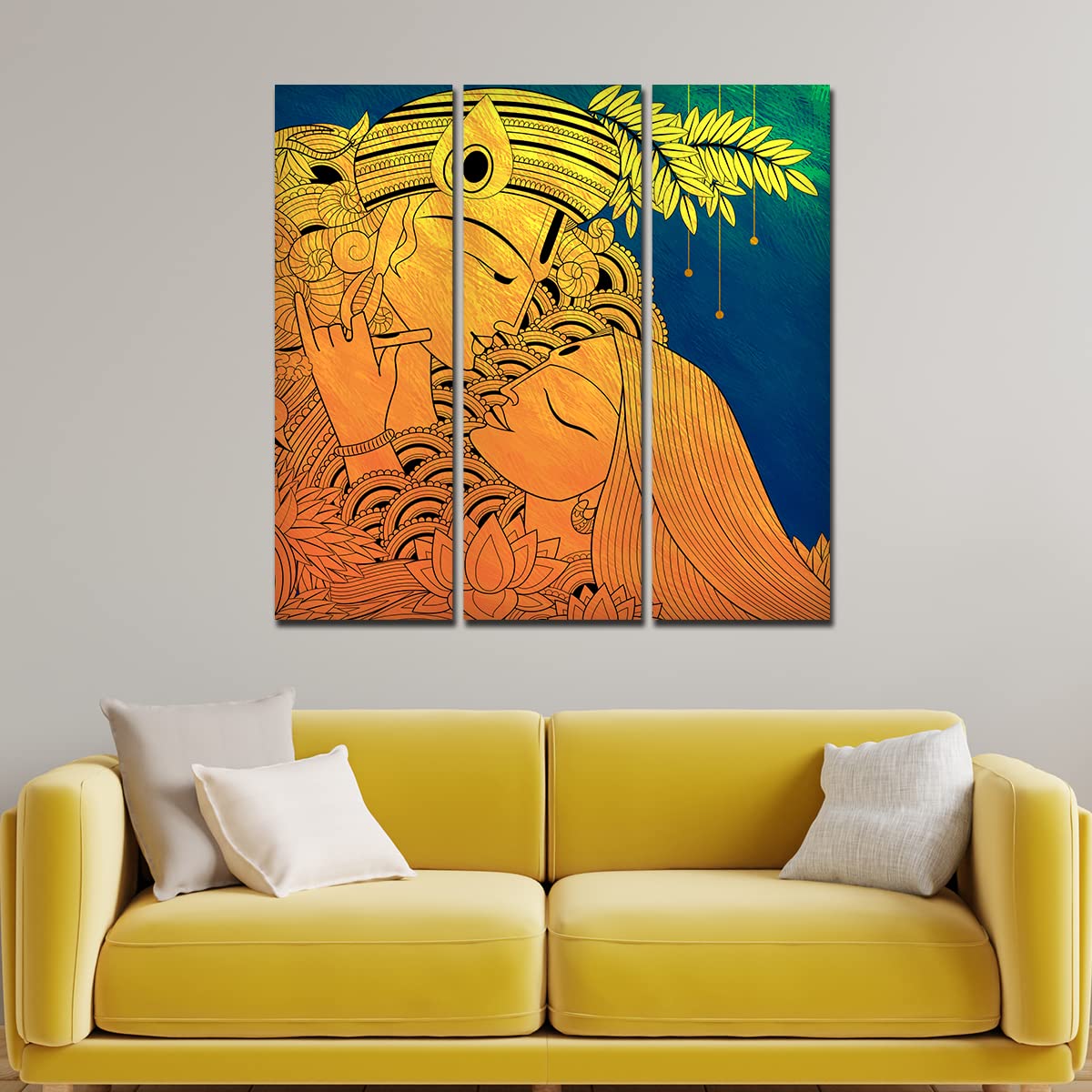 VIBECRAFTS Beautiful Radha Krishna 3 Pieces Canvas Wall Painting Fitted With Wooden Frame For Home | Office | Living Room | Gifts (PTVC3Pcs1_9536)