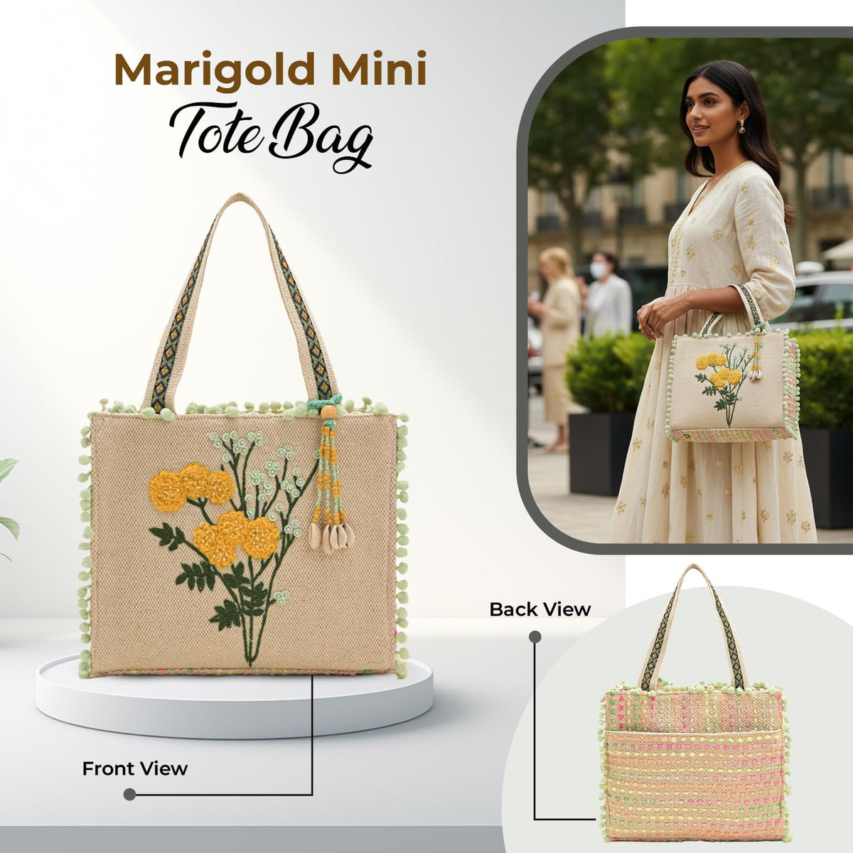 Boho Girl Marigold Mini Tote Bag | Floral Embroidered Hand Bag with Pom-Poms & Tassel |Handbag, Shoulder Bag, Shoulder Women Bag with Inside Pocket | Jacquard Canvas Material (BGB25-316-10-Inch)
