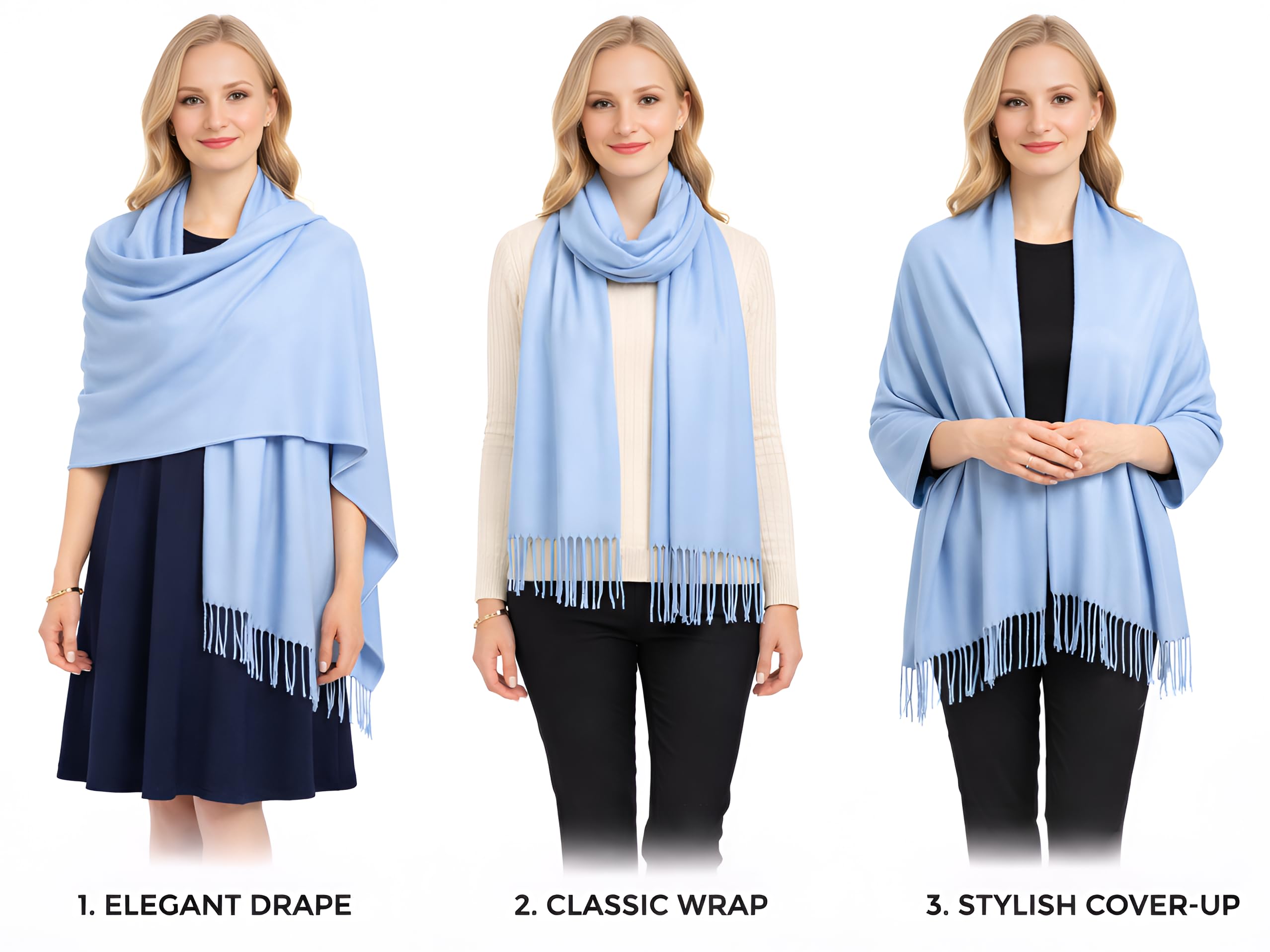 Cindy & Wendy Women's Pashmina Shawl Wrap for Evening Dress Bridesmaid Wedding Bridal Winter Warm Large Soft scarf, Light Blue, One size