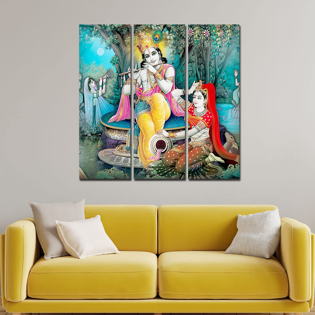 VIBECRAFTS 3 Pieces Shree Krishna In Vrindavan Canvas Wall Painting Fitted With Wooden Frame For Home | Office | Living Room | Gifts (PTVC3Pcs1_9547)