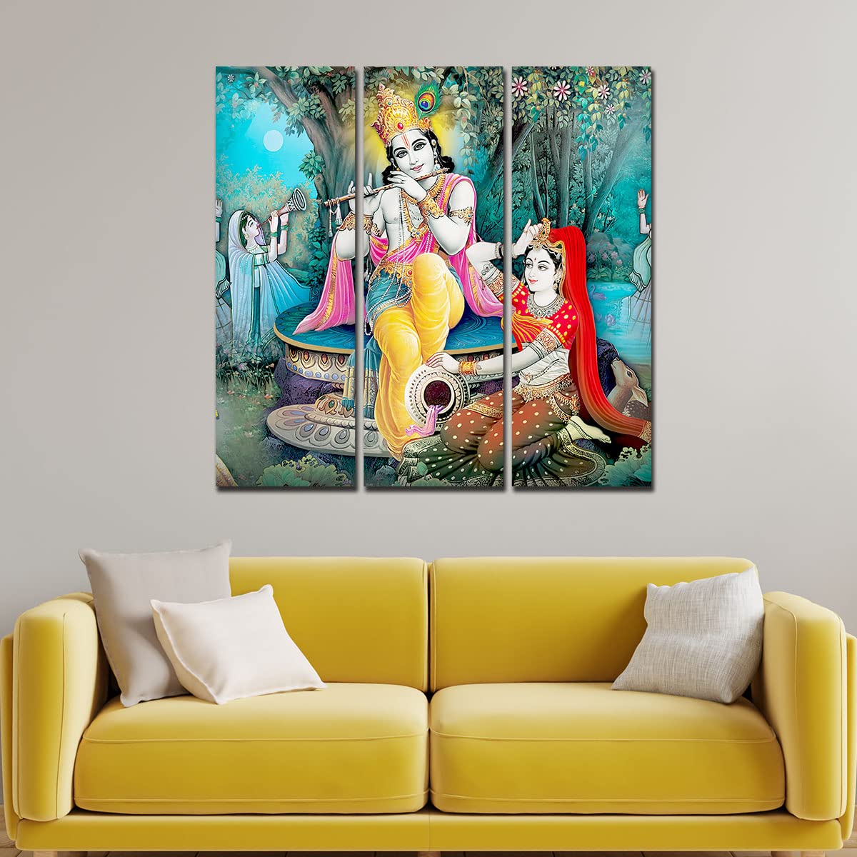 VIBECRAFTS 3 Pieces Shree Krishna In Vrindavan Canvas Wall Painting Fitted With Wooden Frame For Home | Office | Living Room | Gifts (PTVC3Pcs1_9547)