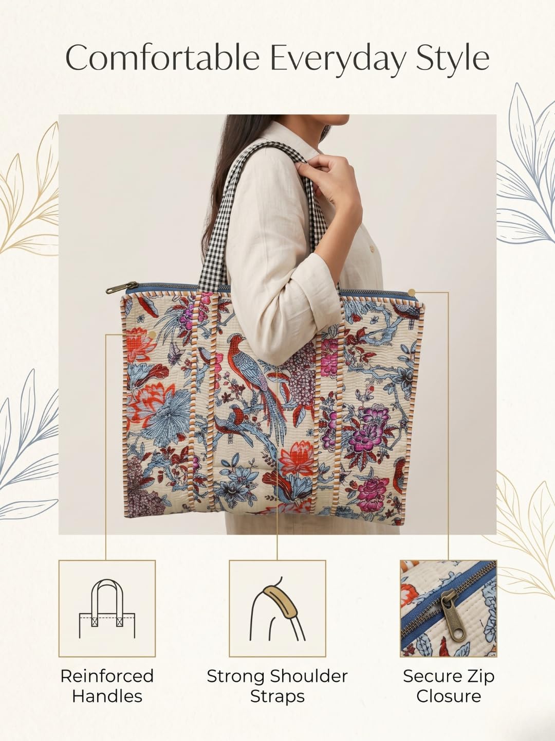 Raj Handicrafts Cotton Printed Tote Bag,Hand Bag Multicolor Quilted Hand Block Floral Printed Women's Carry Bag Shoulder Shopping Tote Bags 18x5.5x16 Inch (Peach 1)