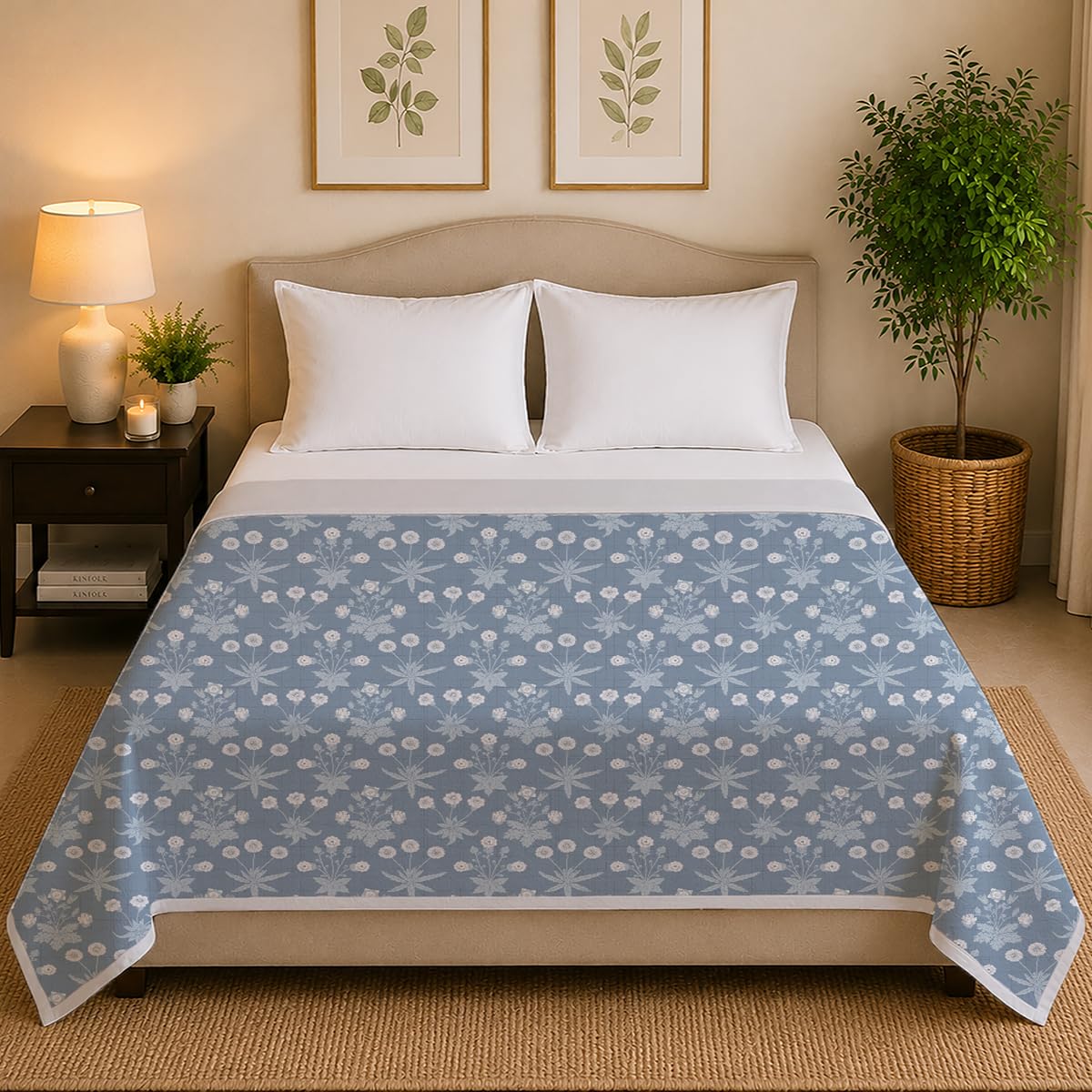 Linen Home Reversible Dohar Double Size Floral Blue & Silver Kafalo
