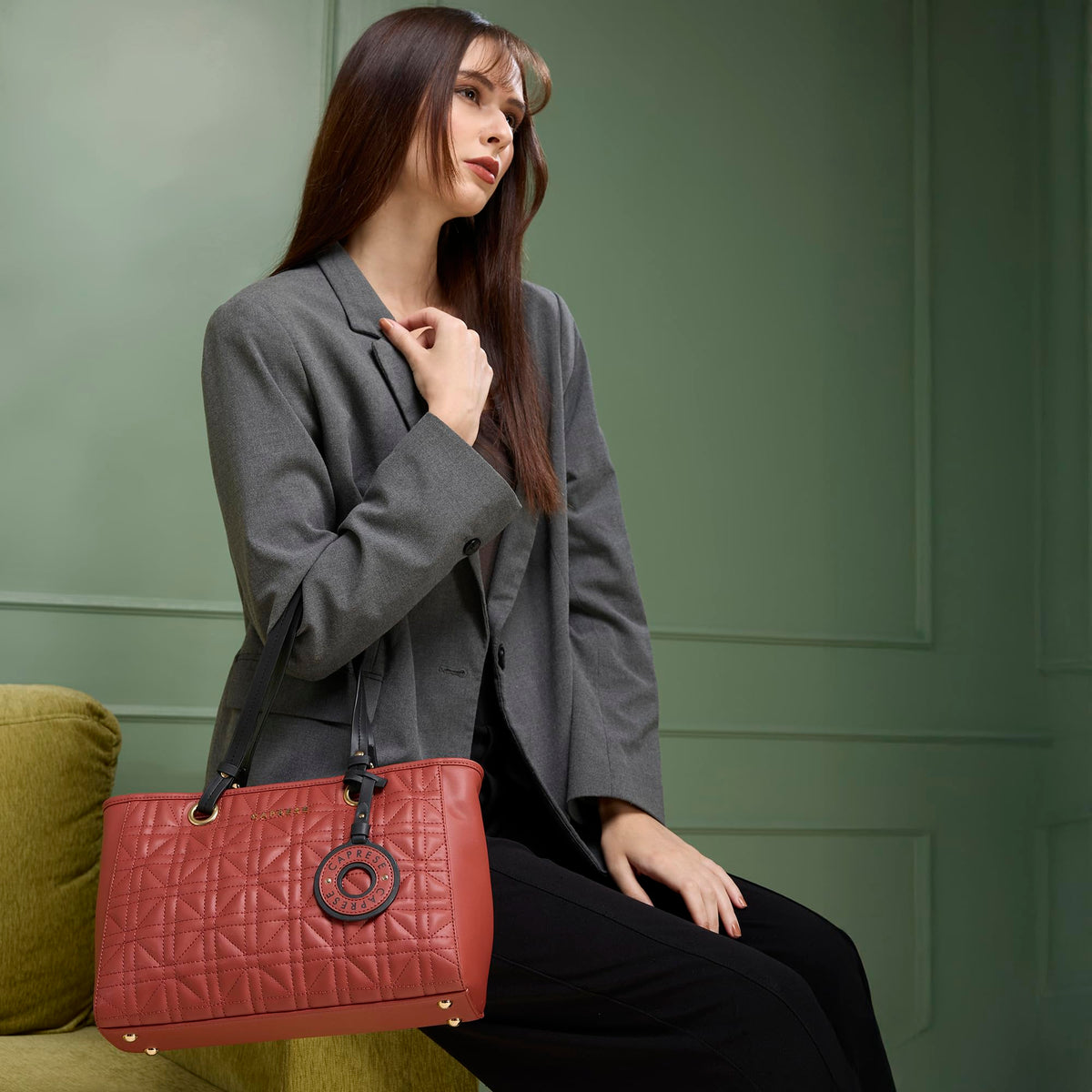 Caprese Aimee Medium Quilted Faux Leather Tote Bag for Women | Multi-Compartment Zippered Shoulder Handbag with Detachable Charm | Perfect for Work, Travel & Shopping (Intense Rust)