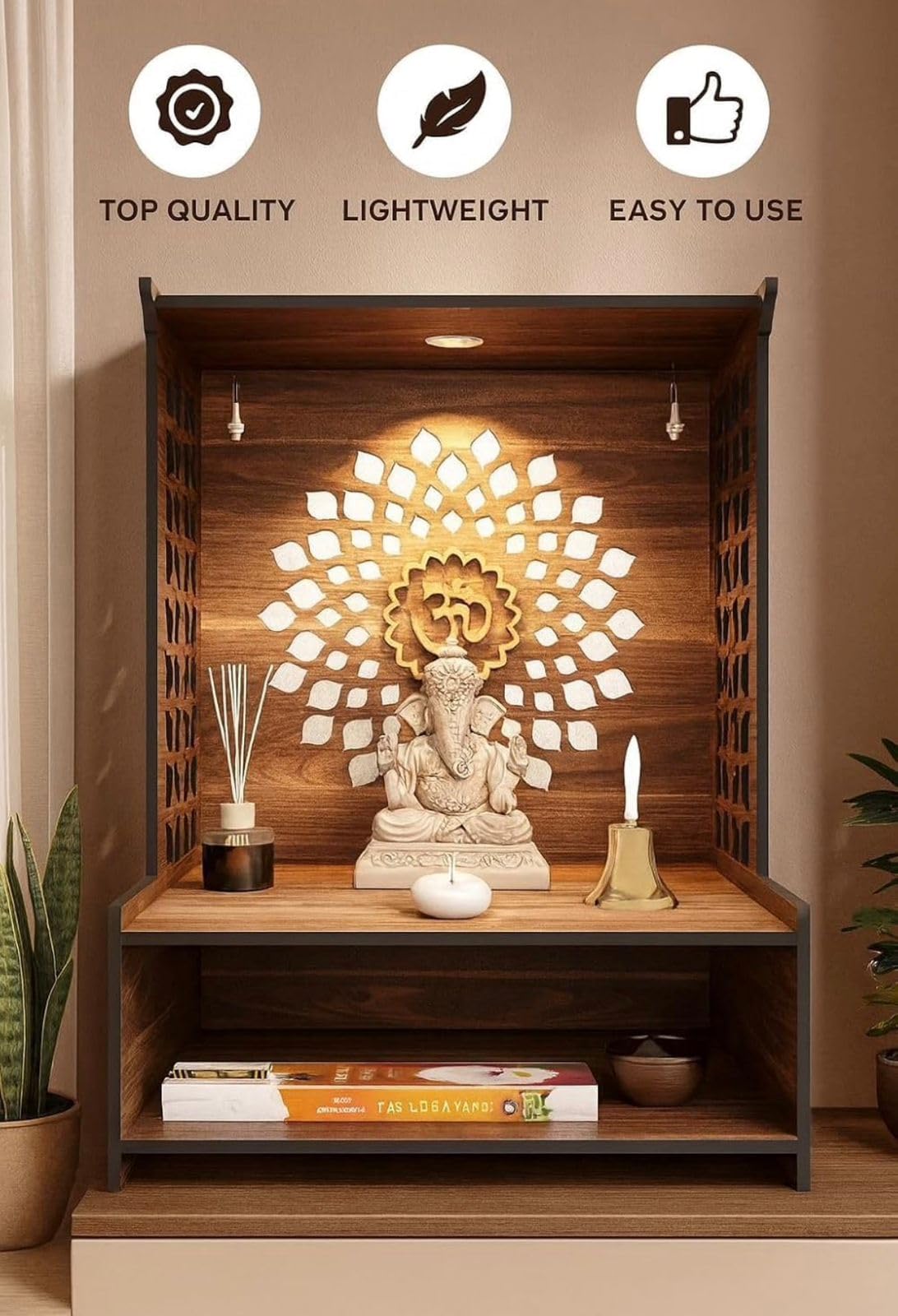 Bien Verrerie Premium Wooden Temple for Pooja, with Built-in LED Light, Decorative Jali Sides, Storage Shelf, 29.2 x 24.1 x 39.4 cm, Wooden Pooja Temple for Home, Office and Shop