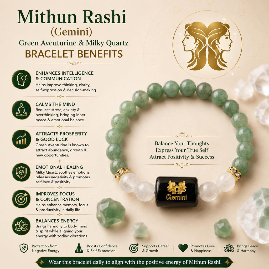 A&S Ventures Mithun Rashi Zodiac Bracelet | Green Aventurine & Milky Quartz Natural Stone Handband | Gemini Horoscope Bracelet Handmade Gemstone Jewelry for Daily Wear