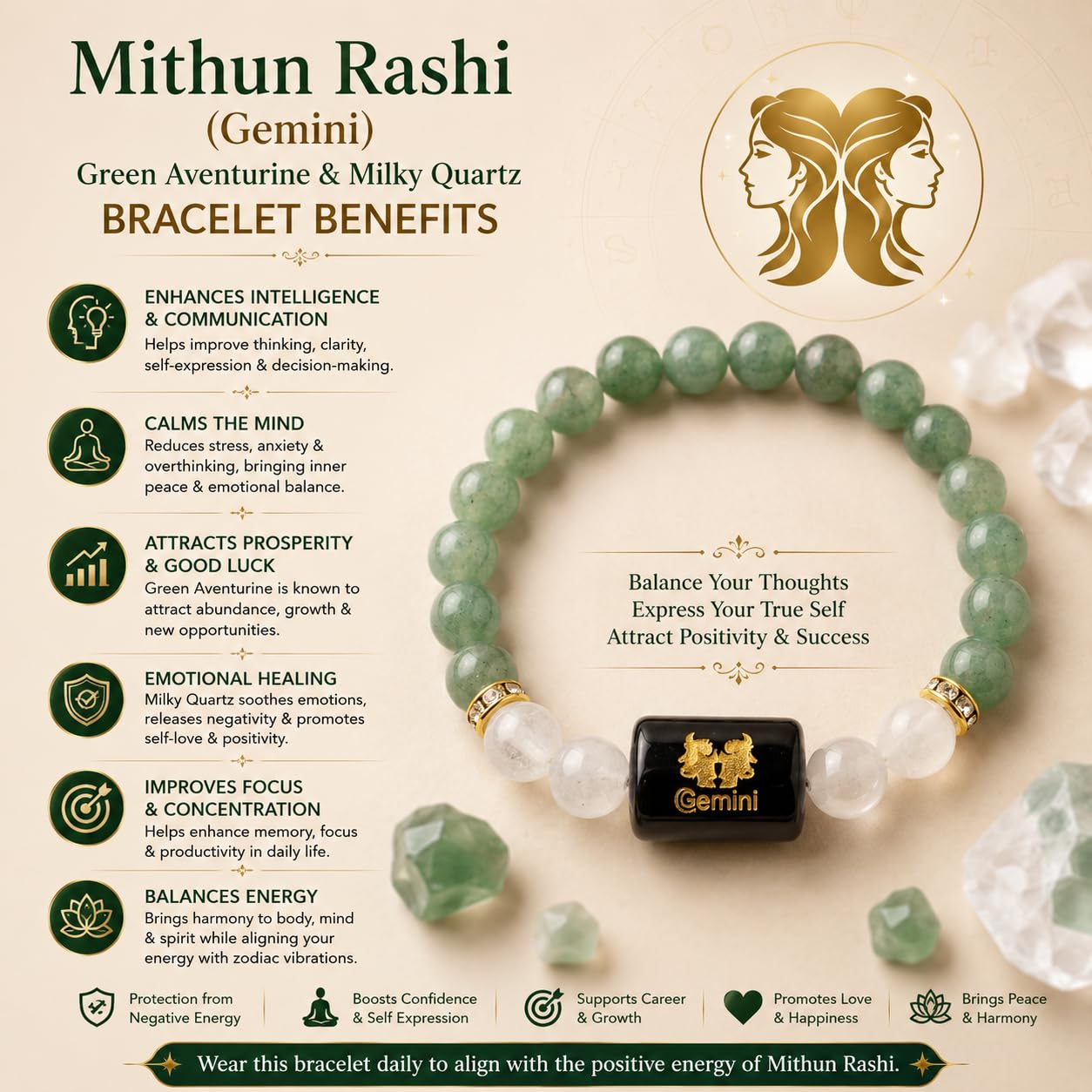 A&S Ventures Mithun Rashi Zodiac Bracelet | Green Aventurine & Milky Quartz Natural Stone Handband | Gemini Horoscope Bracelet Handmade Gemstone Jewelry for Daily Wear