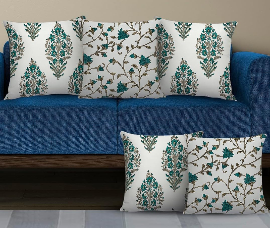 Trance Home Linen Set of 5 Premium 100% Cotton 12x12 inch Cushion Covers for Sofa and Diwan | Small Cushion Covers – (12x12 inch | 30cmx30cm, Madhuban & Jaal Green) – Set of 5