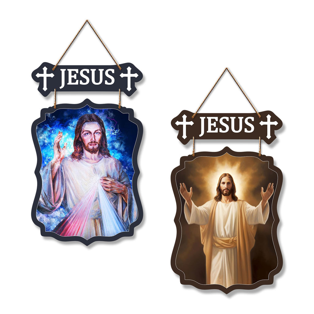 Artvibes Jesus Christ Designer Wooden Wall Hanging Decoration Items for Home Decor | Spiritual Decor Items | Religious Wall Art | Wall Poster | Modern Decor Items | Unique Gift (WH_9718N), Set of 2