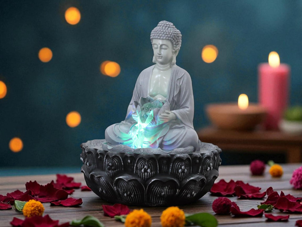 KridayKraft Meditating Buddha Water Fountain Idol Polyresin Lotus Water Fountain Showpiece for Home Garden Living Room Decor Decoration Gift Items, 24 CM