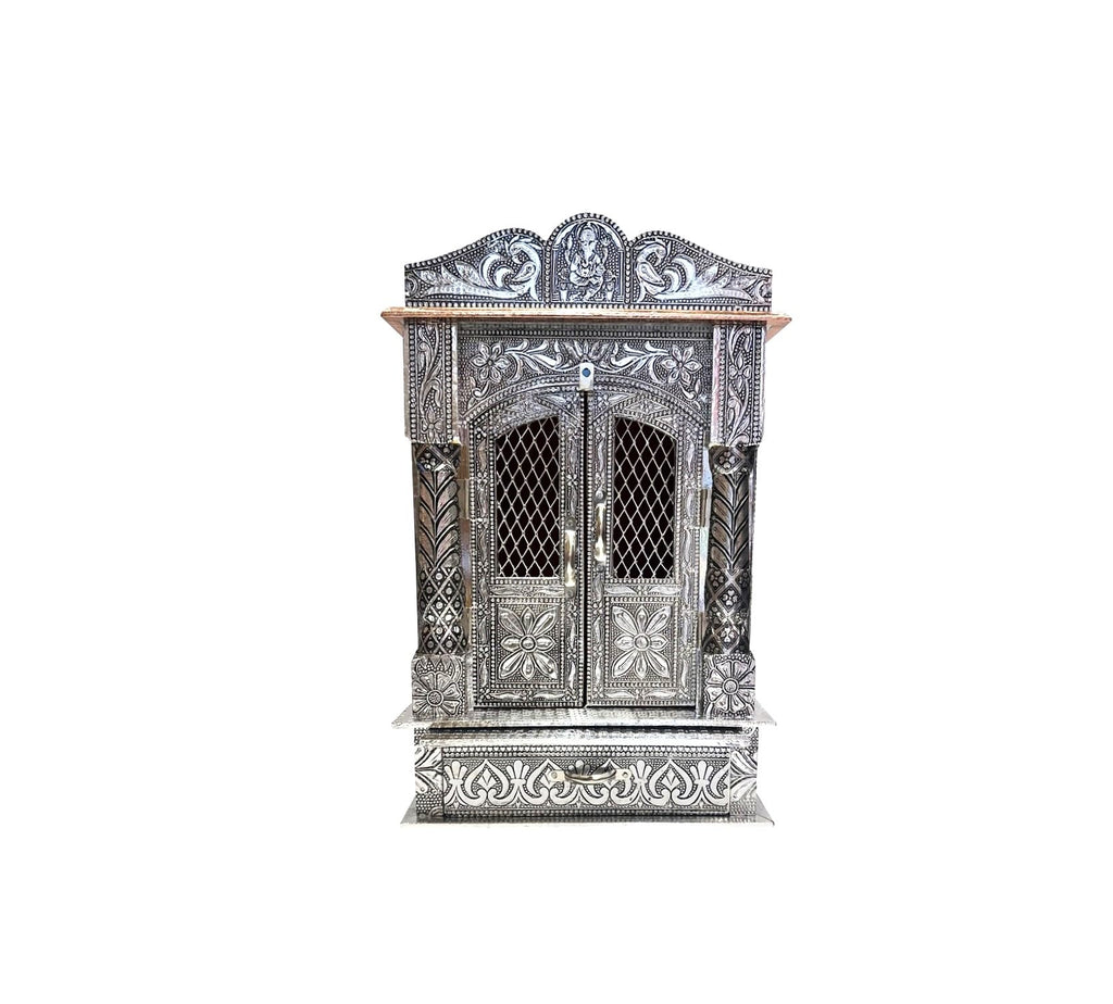 Small Size Pooja Mandir for Home, Home Temple, Handcrafted German Oxidized Mandir with Aluminium and Copper Plating, Temple for Home- Silver L10*D6 INCHES.