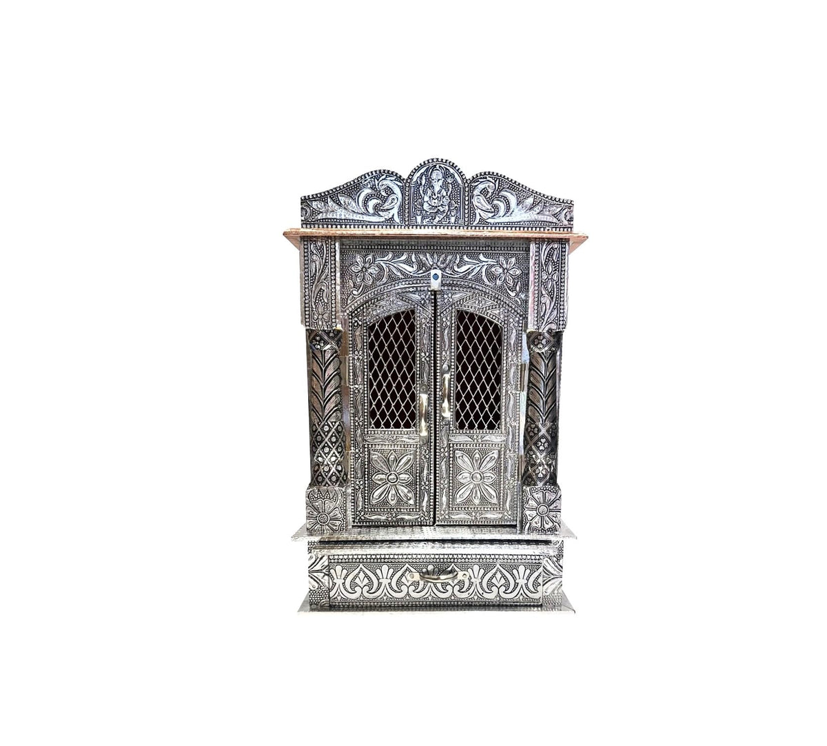 Small Size Pooja Mandir for Home, Home Temple, Handcrafted German Oxidized Mandir with Aluminium and Copper Plating, Temple for Home- Silver L10*D6 INCHES.