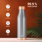 MILTON Copper Charge Water Bottle, 930 ml, Grey | Lacquer Coating, Curved Bottle | Diwali | Festive | Gifting | Yoga | Home | Kitchen | Vedic