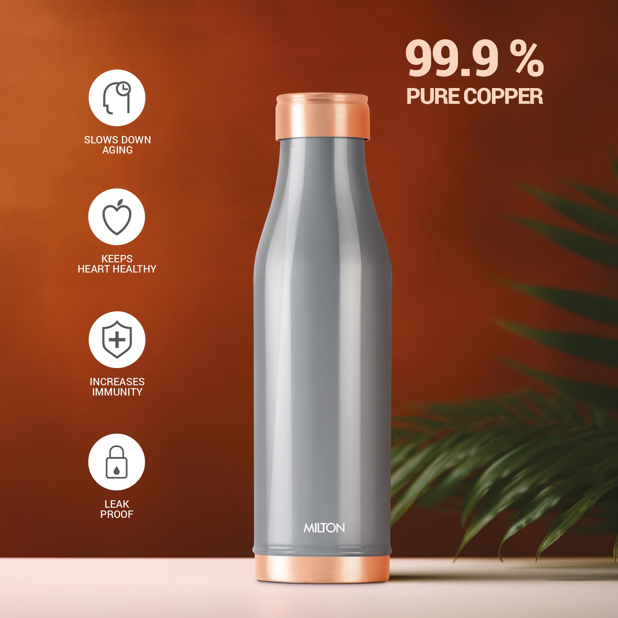 MILTON Copper Charge Water Bottle, 930 ml, Grey | Lacquer Coating, Curved Bottle | Diwali | Festive | Gifting | Yoga | Home | Kitchen | Vedic