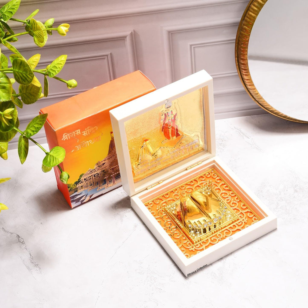 DHRUVS COLLECTION Gold Plated Ayodhya Ram Mandir with Ram Charan Paduka, 3D Temple Replica for Home Mandir, Pooja Room, Office Decor, Spiritual Gift