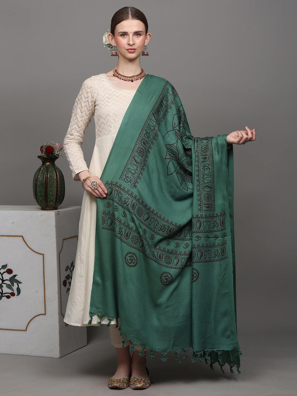 Exotic India Women's Green Printed Ganesha Prayer poly cotton Shawl