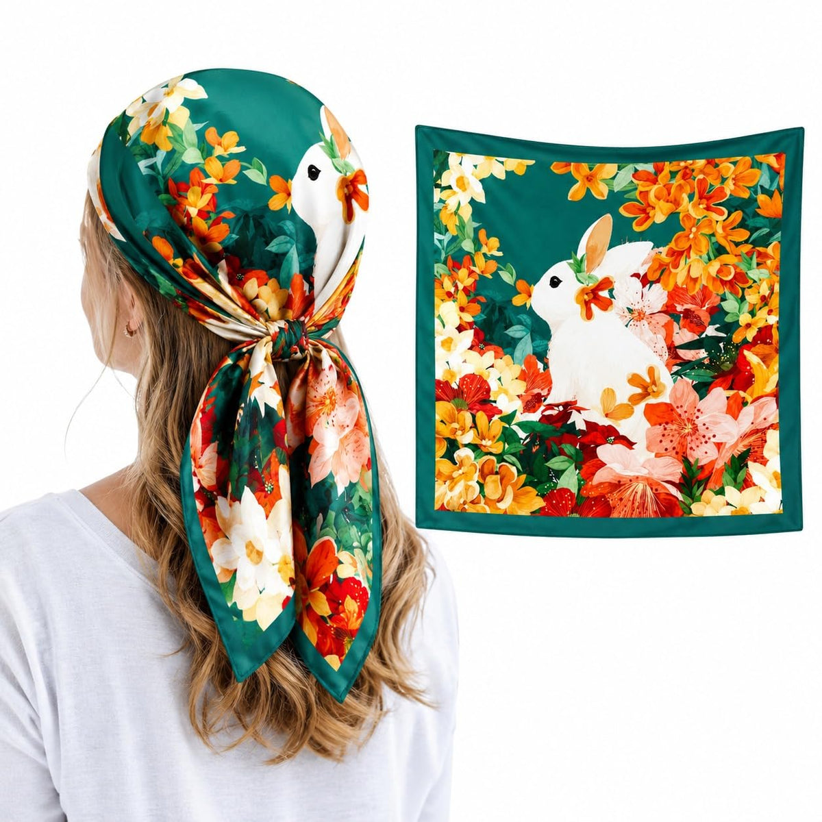 Etietnic Satin Square Head Scarf for Women,GREEN RABBIT Printed