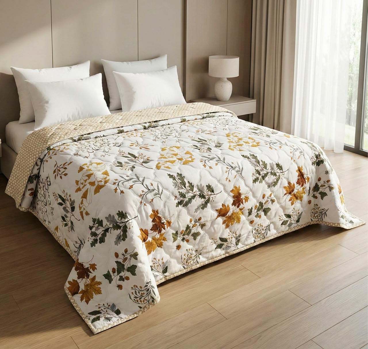 HOMEKART Ultrasonic Quilted AC Comforter 220 GSM (1500g) Premium Microfiber Reversible All-Season Blanket for Double Bed|Ultra Soft, & Lightweight, Quilt/Duvet | Comforter (Beige & White 225CMx220CM) Kafalo