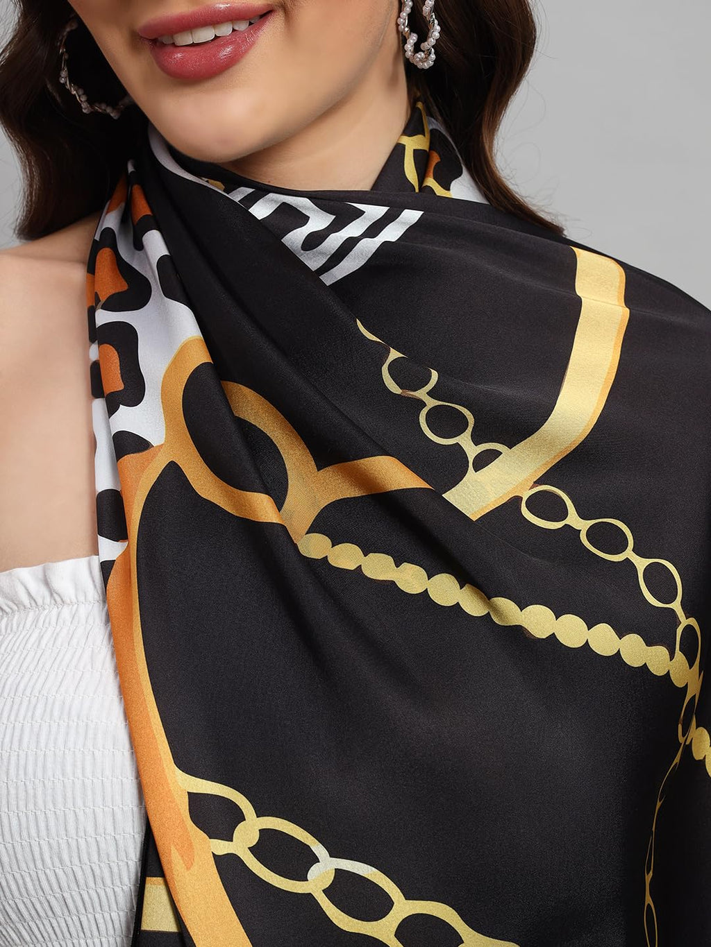 Ravaiyaa - Attitude is everything Women Lightweight Printed 100% Satin Silk Scarf Stoles Breathable Neckerchief Head Beach Wrap Scarves (Black Abstract, 70 x 20 Inch)