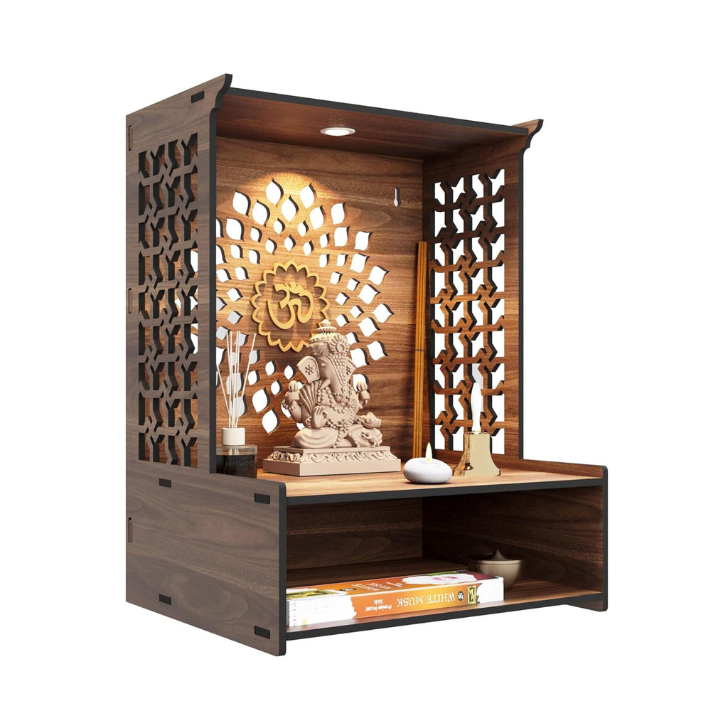 Puzzle Berry Wall Mounted Wooden Pooja Mandir for Home & Office with LED Spot Light, Big Size Temple, Pooja Stand with Door, Devghar, God Temple for Home, Wall Shelf, (Mandir Design 2)